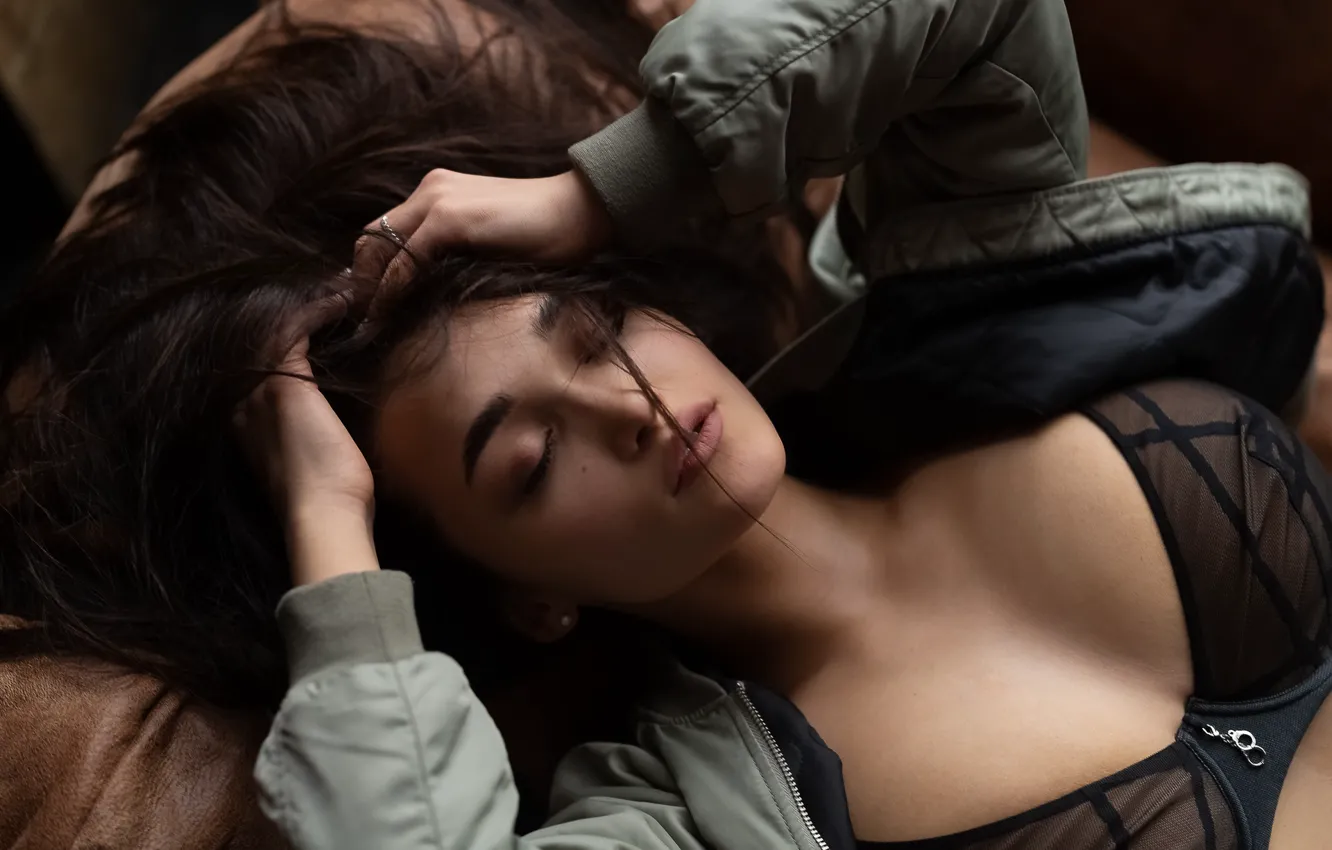 Photo wallpaper chest, girl, face, pose, hands, bra, closed eyes, Pavel Ermakov