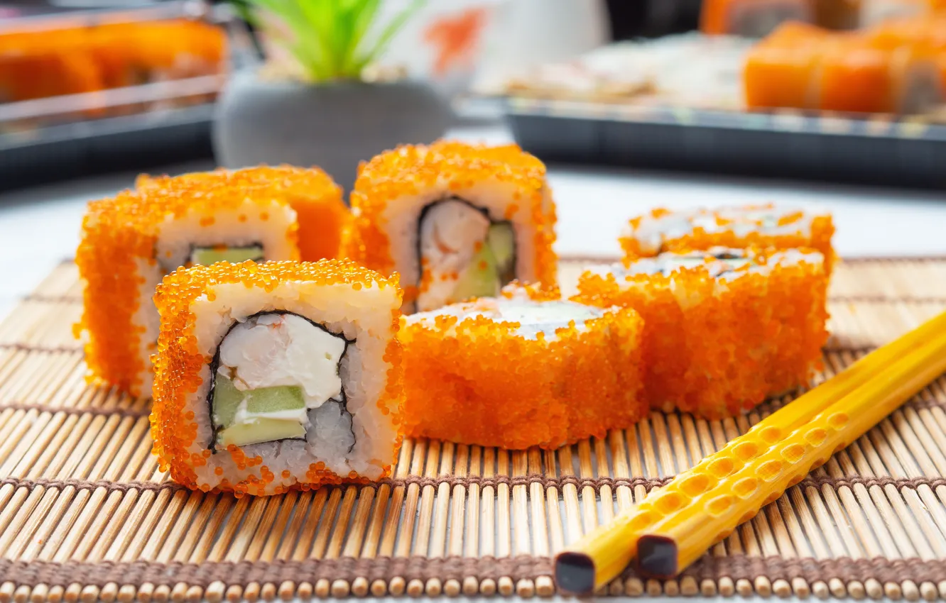 Photo wallpaper food, sticks, figure, sushi, seafood, red caviar