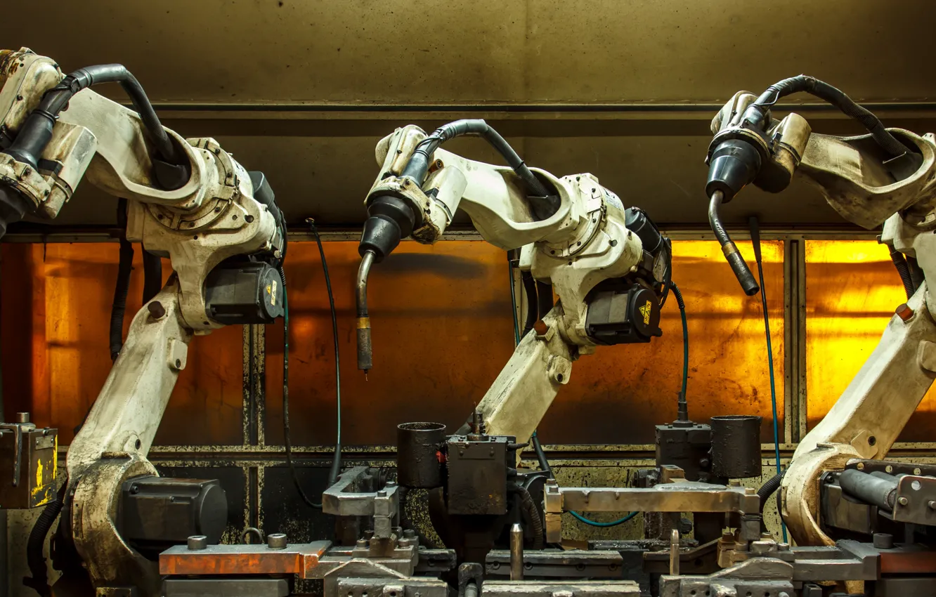Photo wallpaper metal, robotic welders, Robotic arms