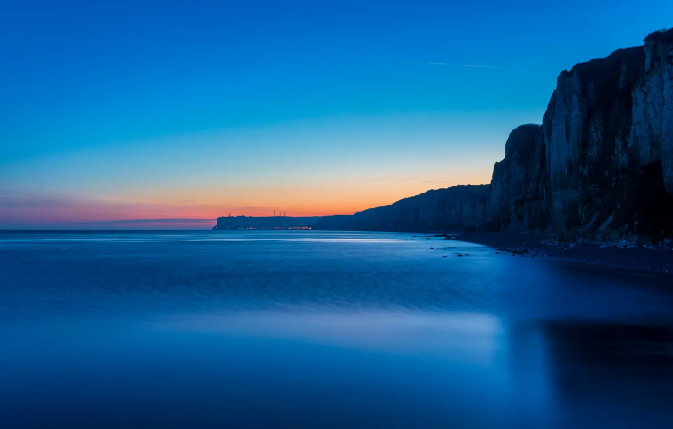 Photo wallpaper photography, sea, sunset, blue, France, peaceful, cliff, simple background