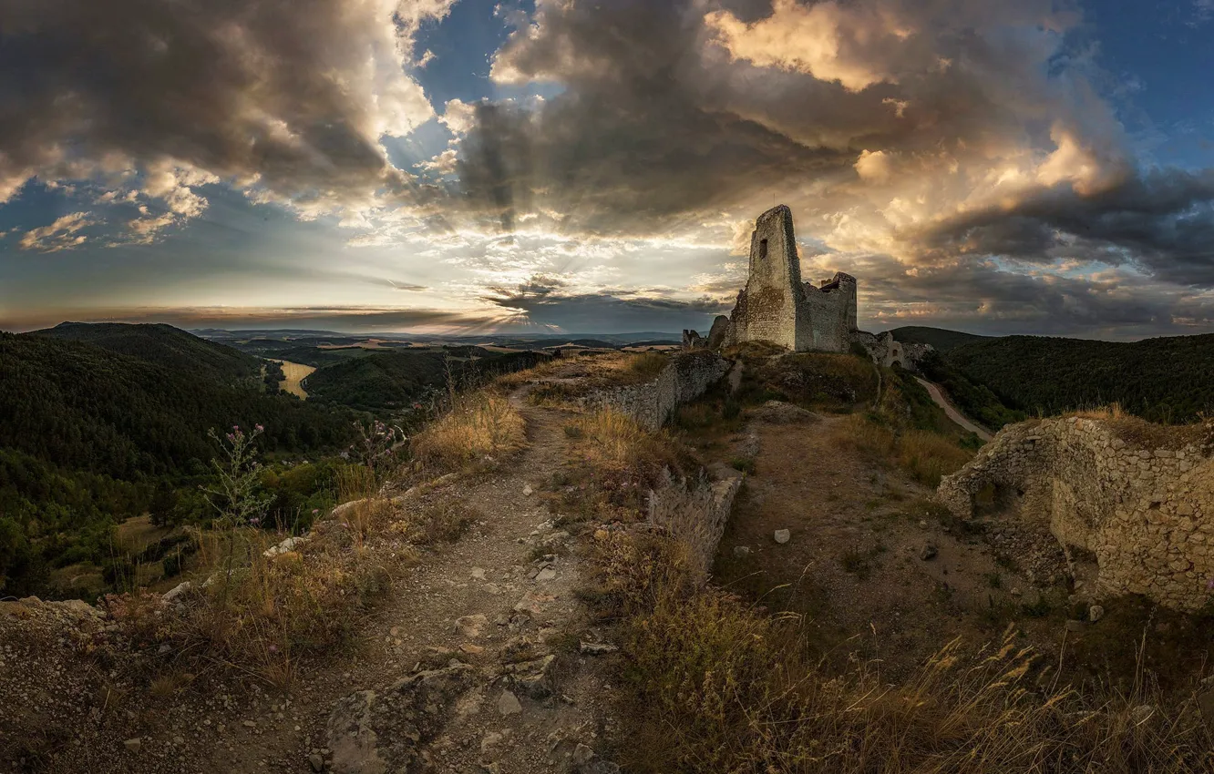 Photo wallpaper mountains, castle, ruins, path