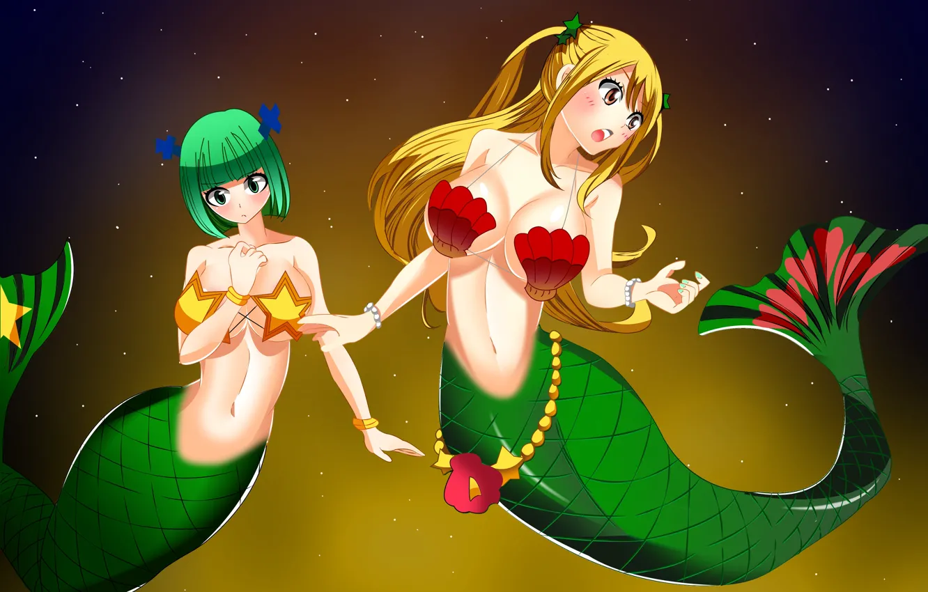 Photo wallpaper sexy, green eyes, long hair, girls, boobs, anime, beautiful, short hair