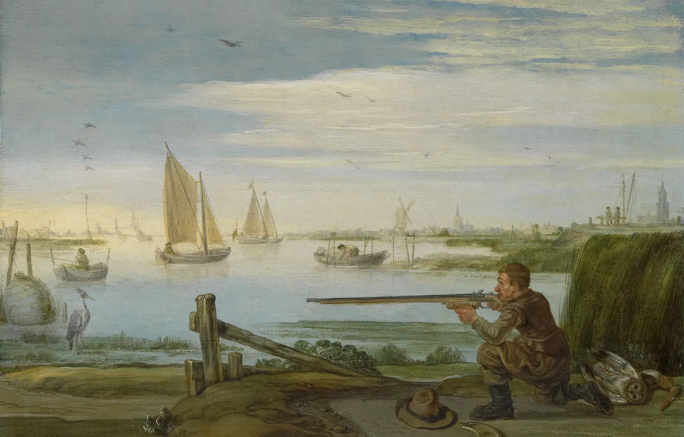 Photo wallpaper landscape, oil, picture, sail, 1631, Arent Arentsz, Arent Arenz, Hunter Bird