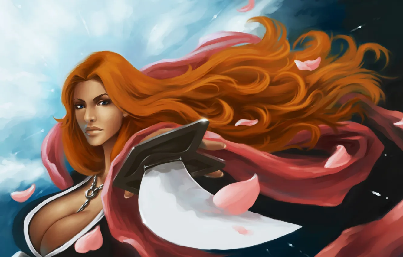 Photo wallpaper chest, look, girl, weapons, sword, petals, Bleach, Bleach