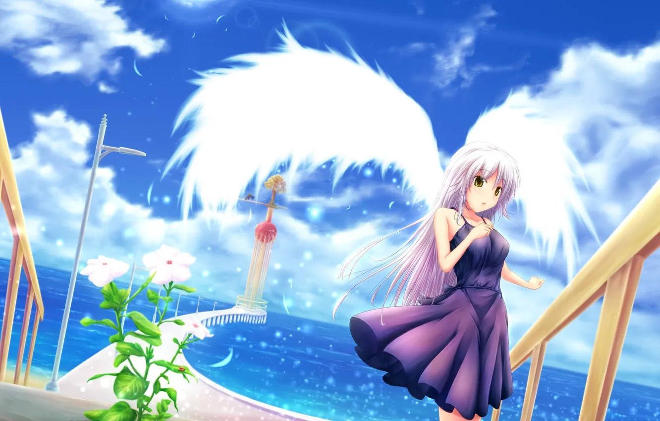 Photo wallpaper sea, girl, flowers, tower, wings, kanade tachibana, angel beats, art. husky