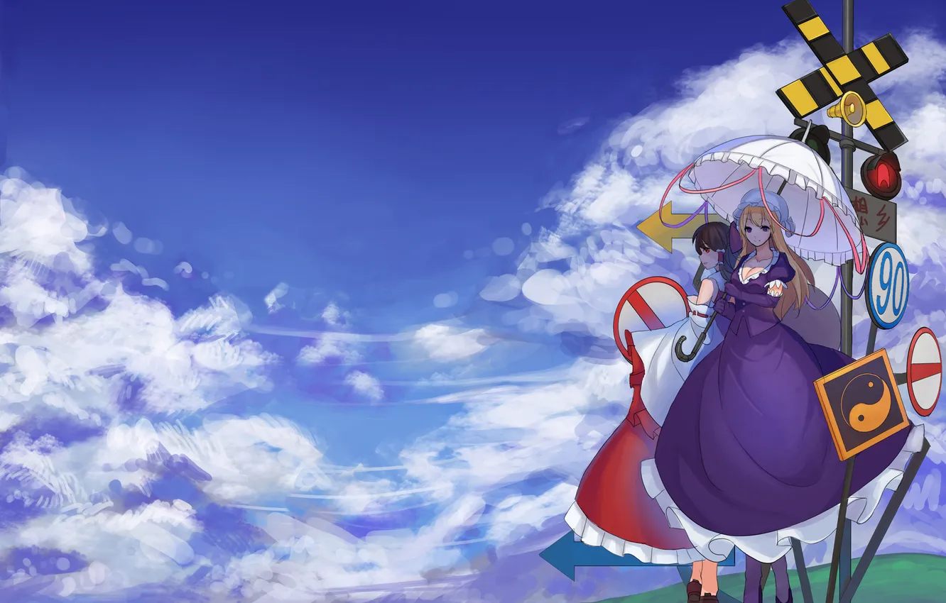 Photo wallpaper water, girl, sign, station, umbrella, touhou, art, Hakurei Reimu