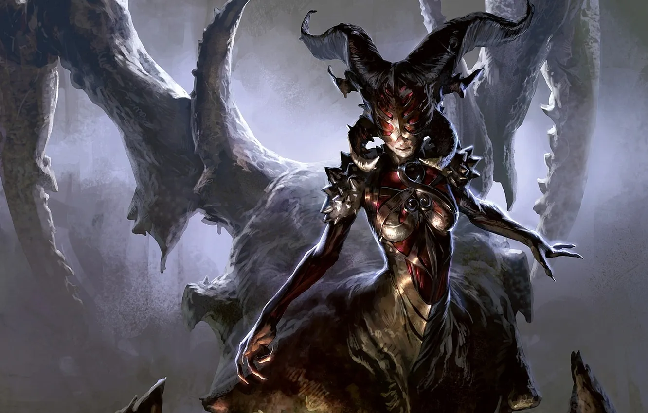 Photo wallpaper fog, monster, armor, mask, claws, horns, cave, Magic: The Gathering
