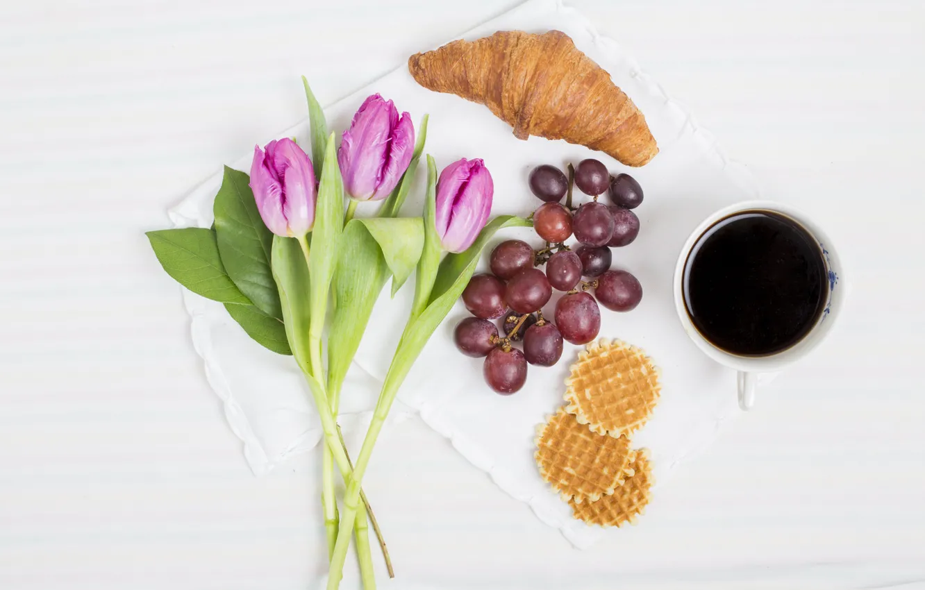 Photo wallpaper coffee, bouquet, Breakfast, grapes, tulips, waffles, croissant