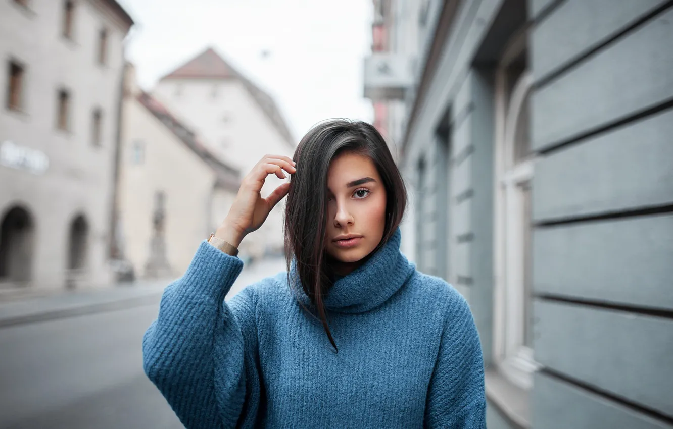 Photo wallpaper girl, pose, street, portrait, makeup, brunette, hairstyle, sweater
