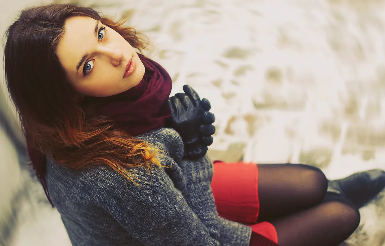Photo wallpaper eyes, look, Girl, scarf, lips, red, sitting, sweater