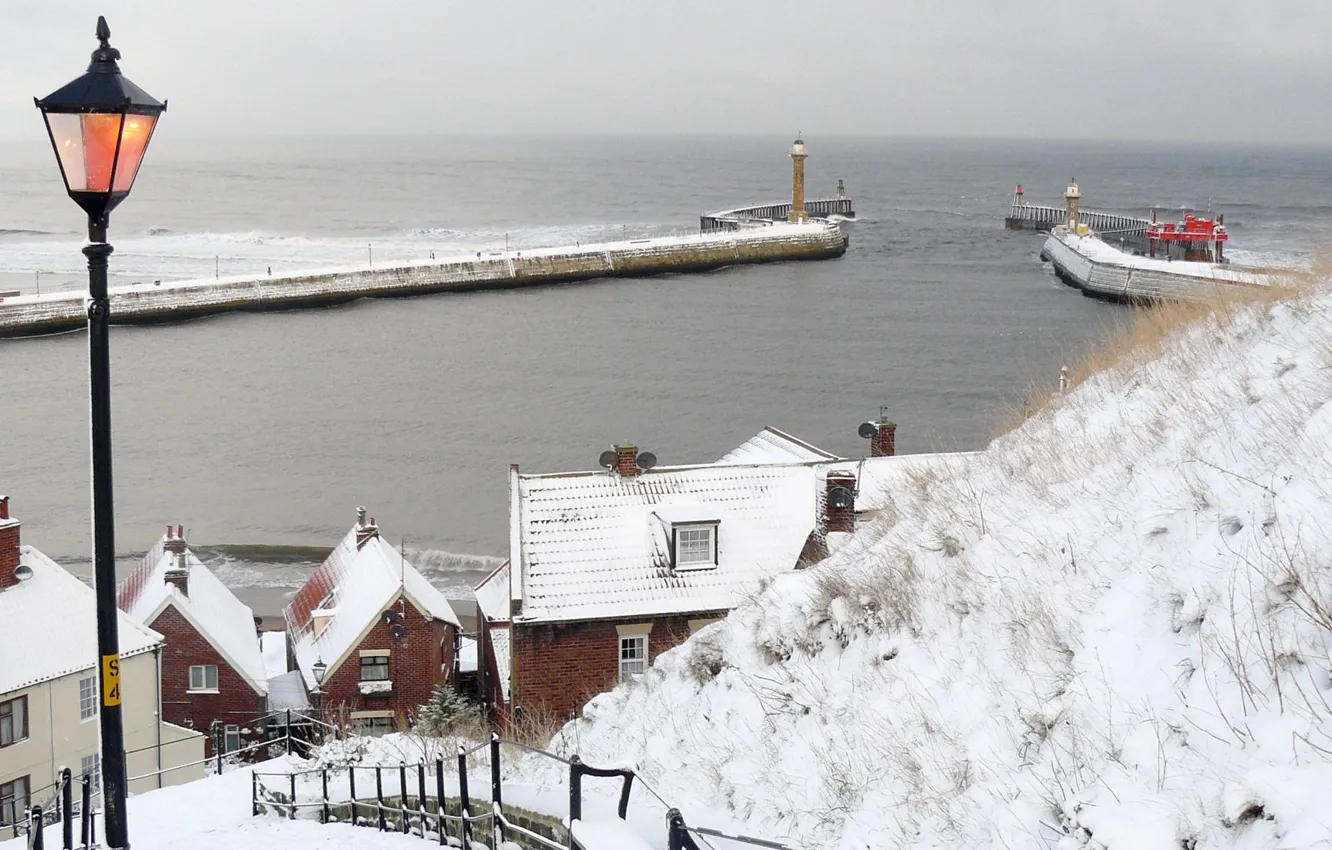 Photo wallpaper winter, sea, snow, the city, street, England, lantern, Whitby