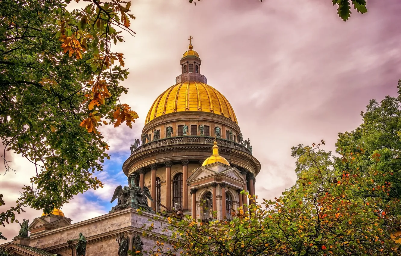 Photo wallpaper autumn, trees, temple, St. Petersburg, St. Isaac's Cathedral
