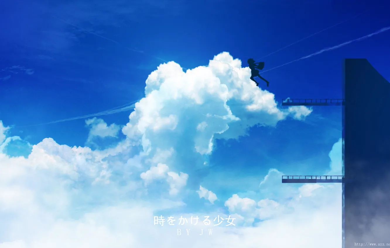 Photo wallpaper the sky, girl, clouds, jumping, Toki wo Kakeru Shoujo, by JW, Makoto Konno
