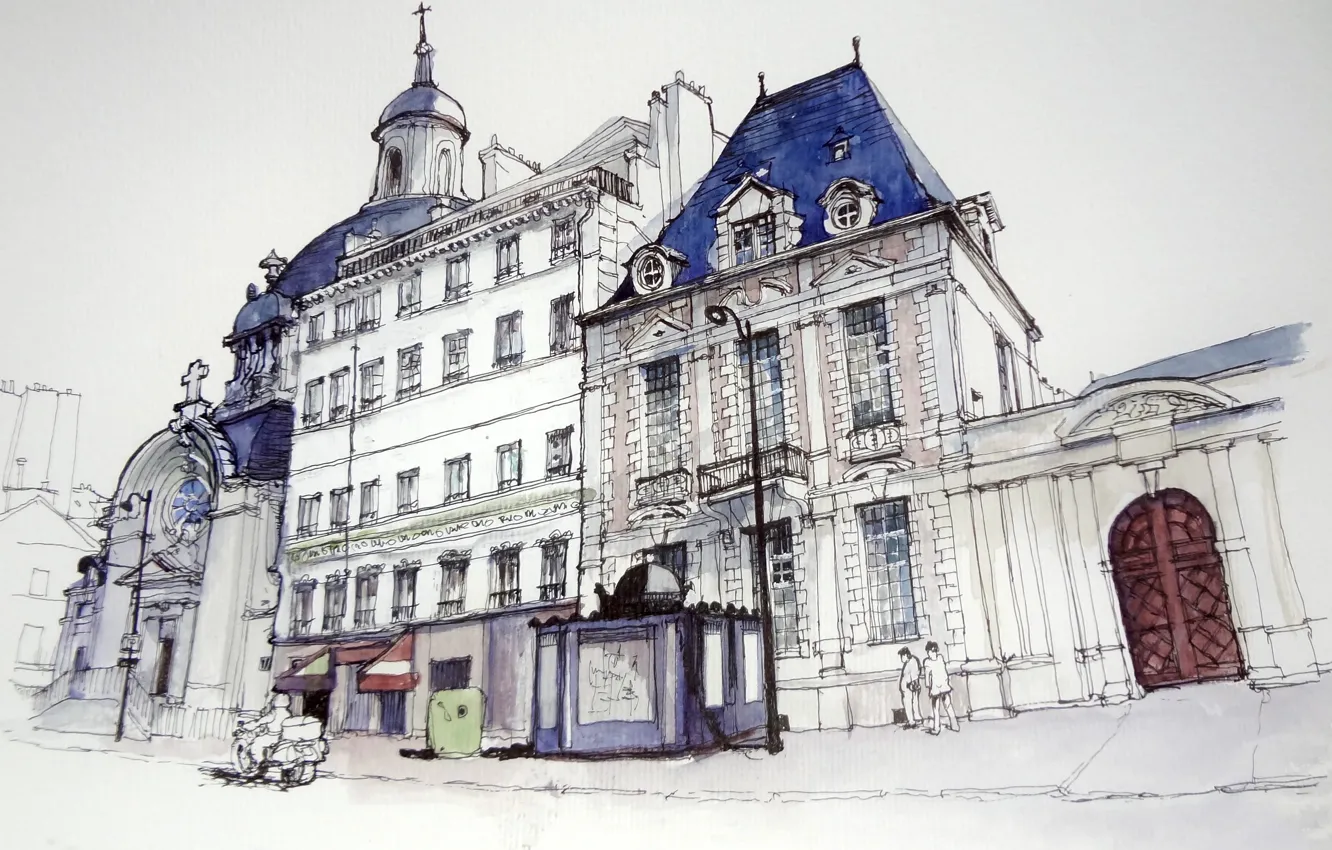 Photo wallpaper house, street, figure, France, Paris, watercolor, Cathedral