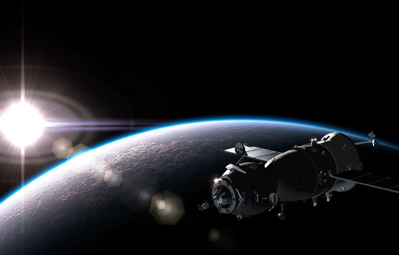 Photo wallpaper dark, light, spaceship, planet