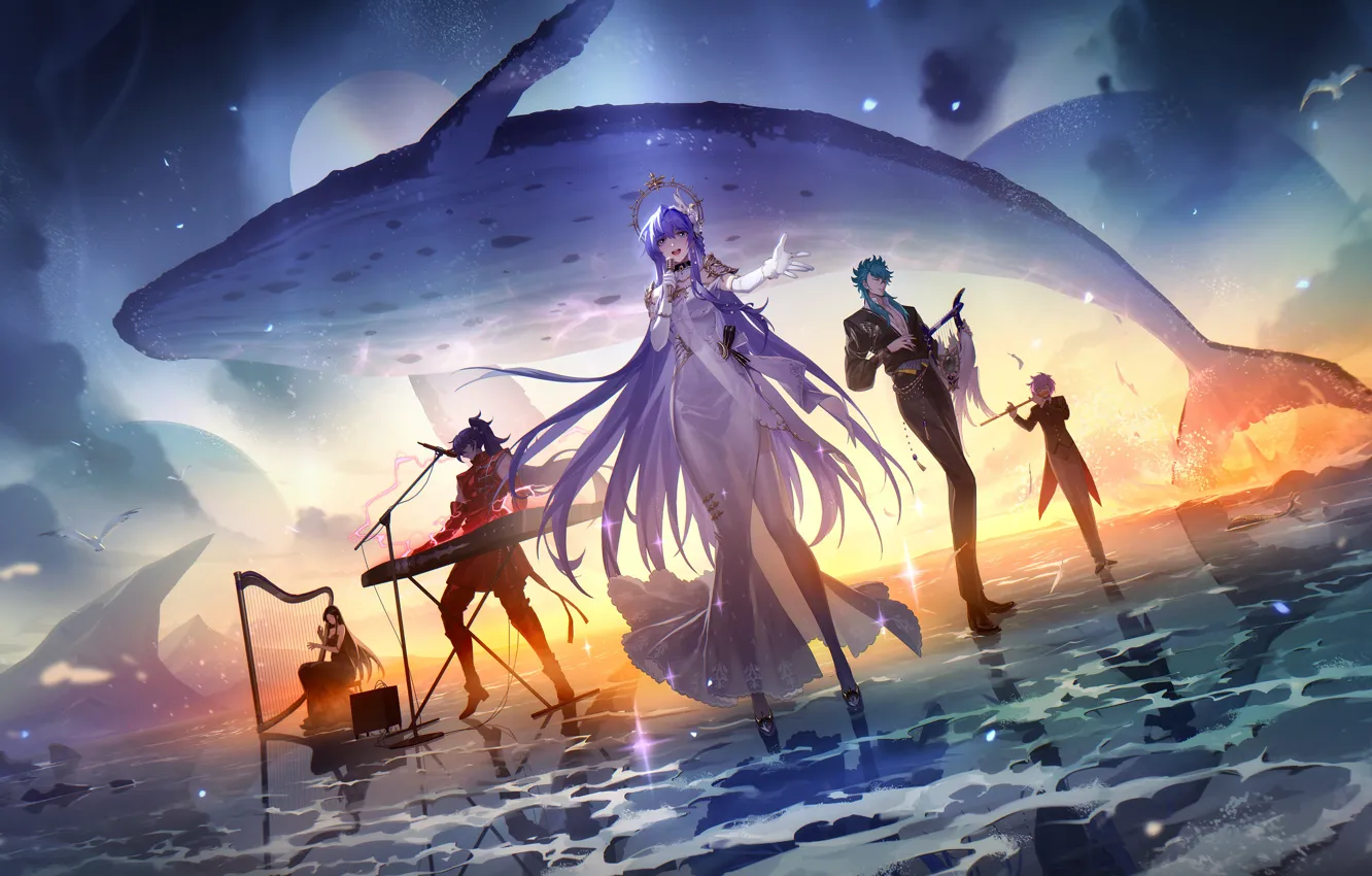 Photo wallpaper sea, the sky, girl, night, music, kit, guy, Sasha