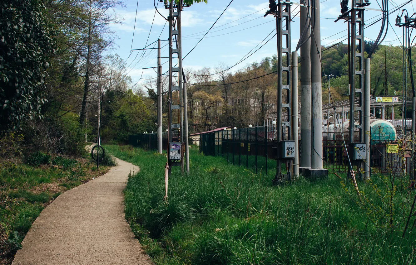 Photo wallpaper the sky, grass, clouds, trees, spring, the fence, April, support