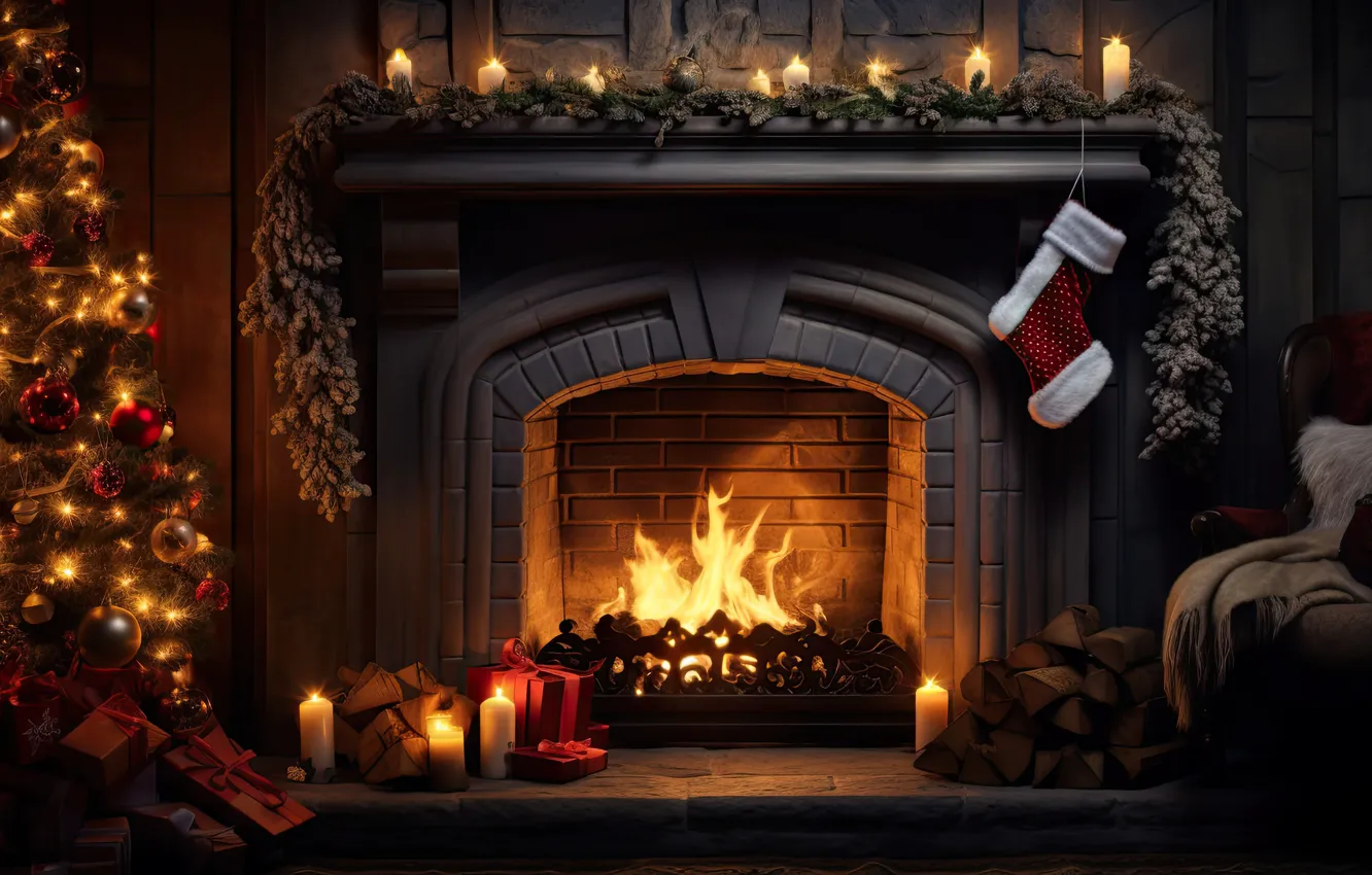 Photo wallpaper decoration, room, gift, balls, tree, new year, interior, Christmas