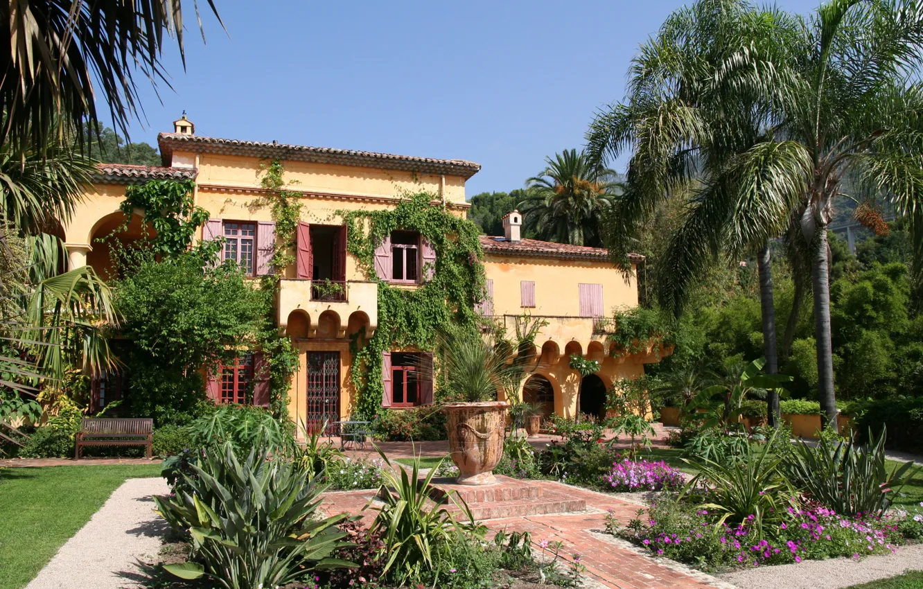 Photo wallpaper flowers, palm trees, Villa, garden