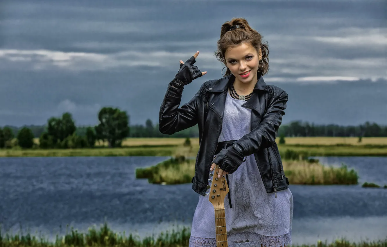Photo wallpaper girl, nature, guitar, dress, jacket, gloves, brown hair, curls