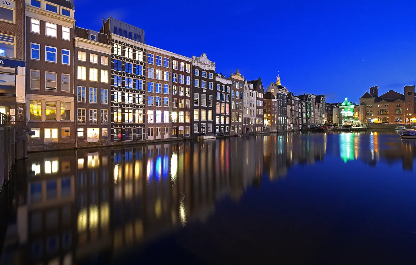 Photo wallpaper water, lights, reflection, home, Amsterdam, Netherlands