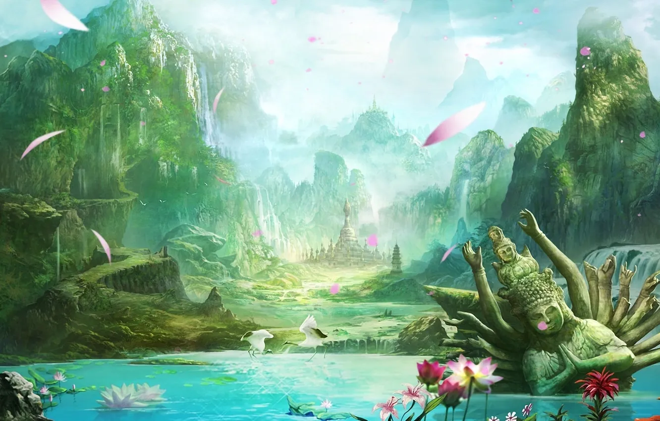 Photo wallpaper landscape, mountains, lake, petals, Lotus, temple, statue, waterfalls