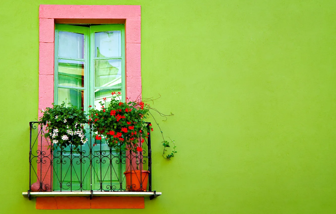 Photo wallpaper flowers, wall, door, balcony, green