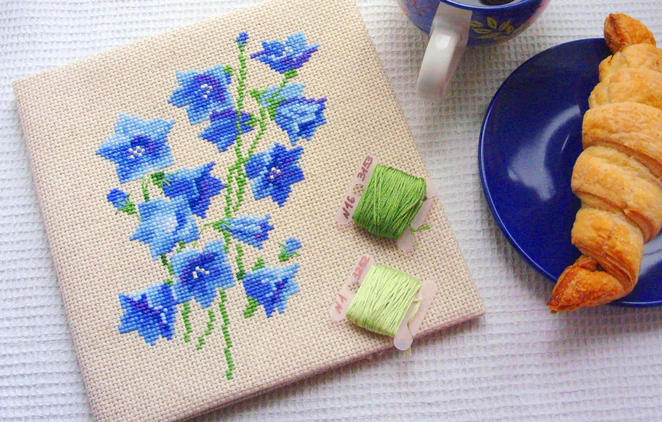 Photo wallpaper tea, bells, croissant, embroidery