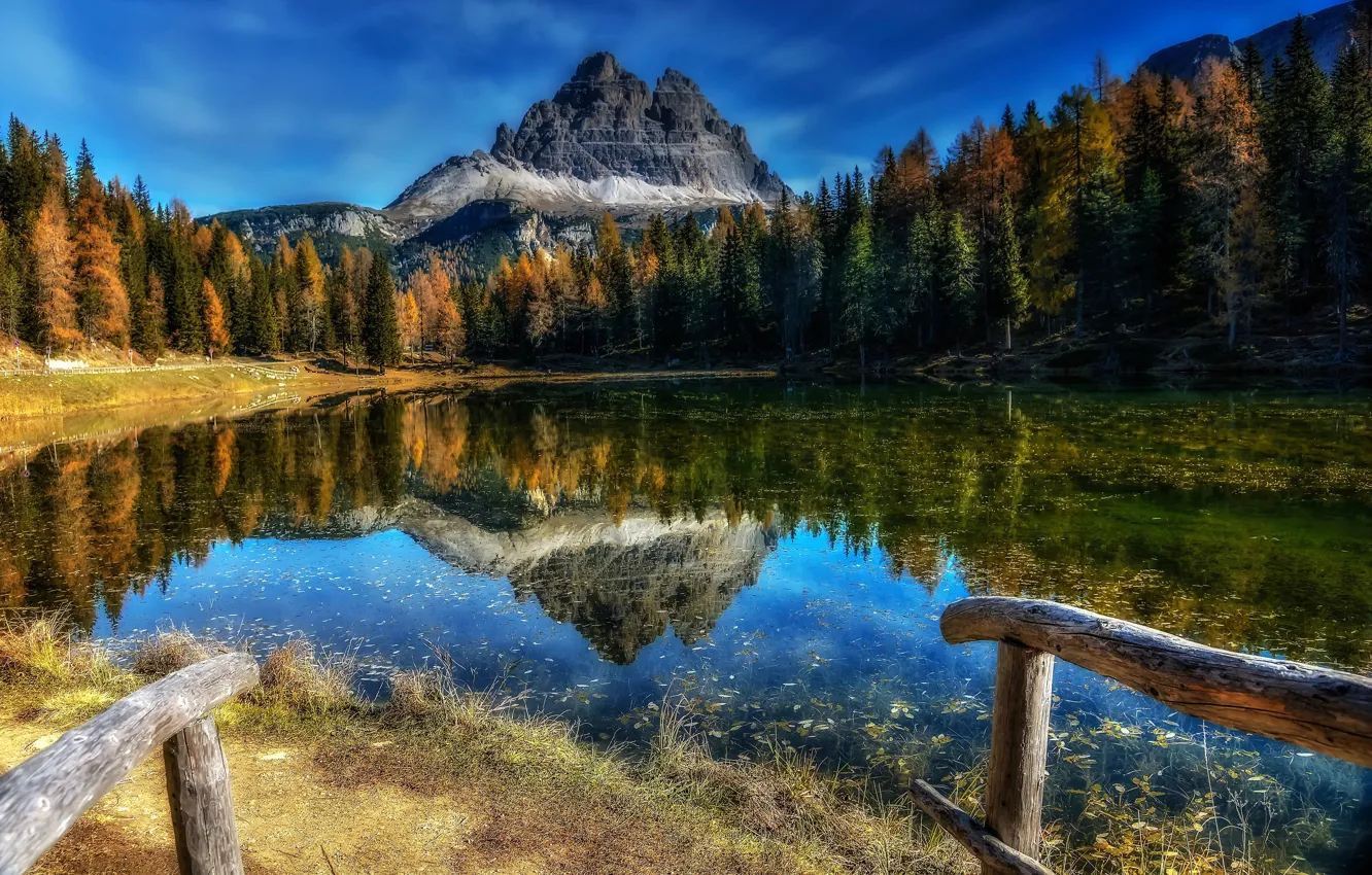 Photo wallpaper autumn, forest, trees, mountains, lake, reflection, Italy, Italy