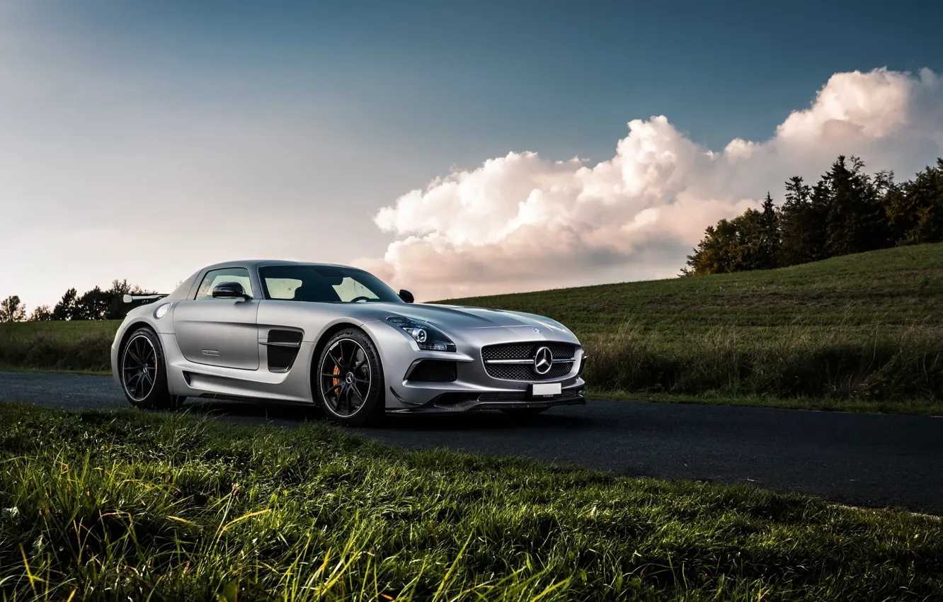 Photo wallpaper Mercedes-Benz, Sky, Grass, Front, AMG, Black, SLS, Series