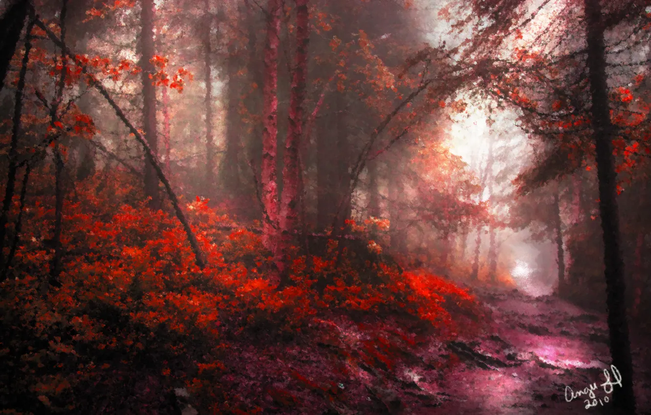 Photo wallpaper road, autumn, forest, foliage, painted landscape