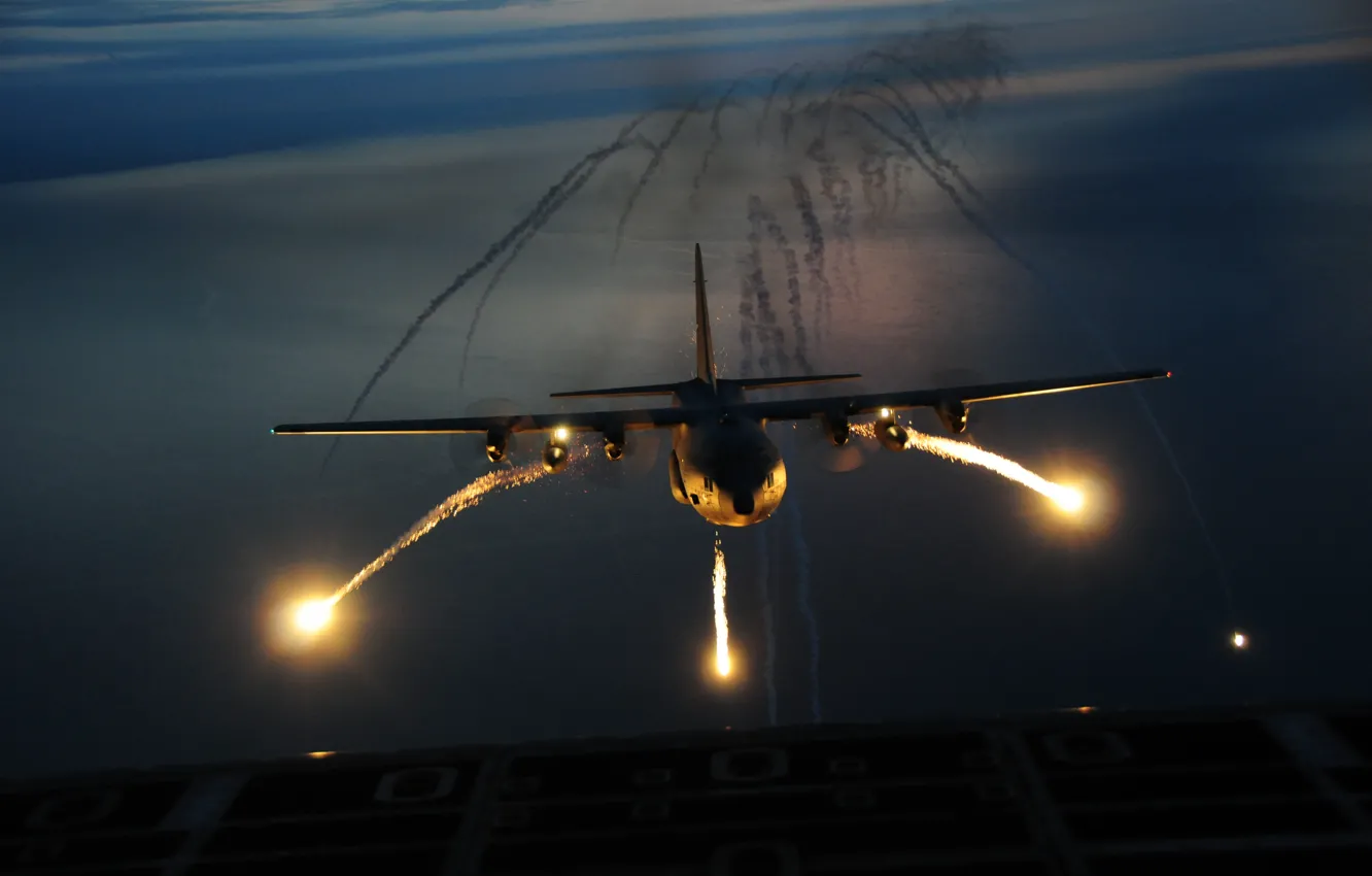 Photo wallpaper night, the plane, the airfield, the rise, flash, Hercules, C-130