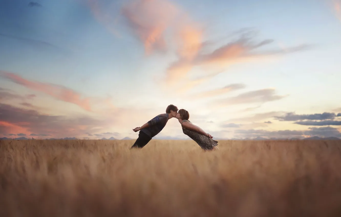 Photo wallpaper field, girl, pair, guy