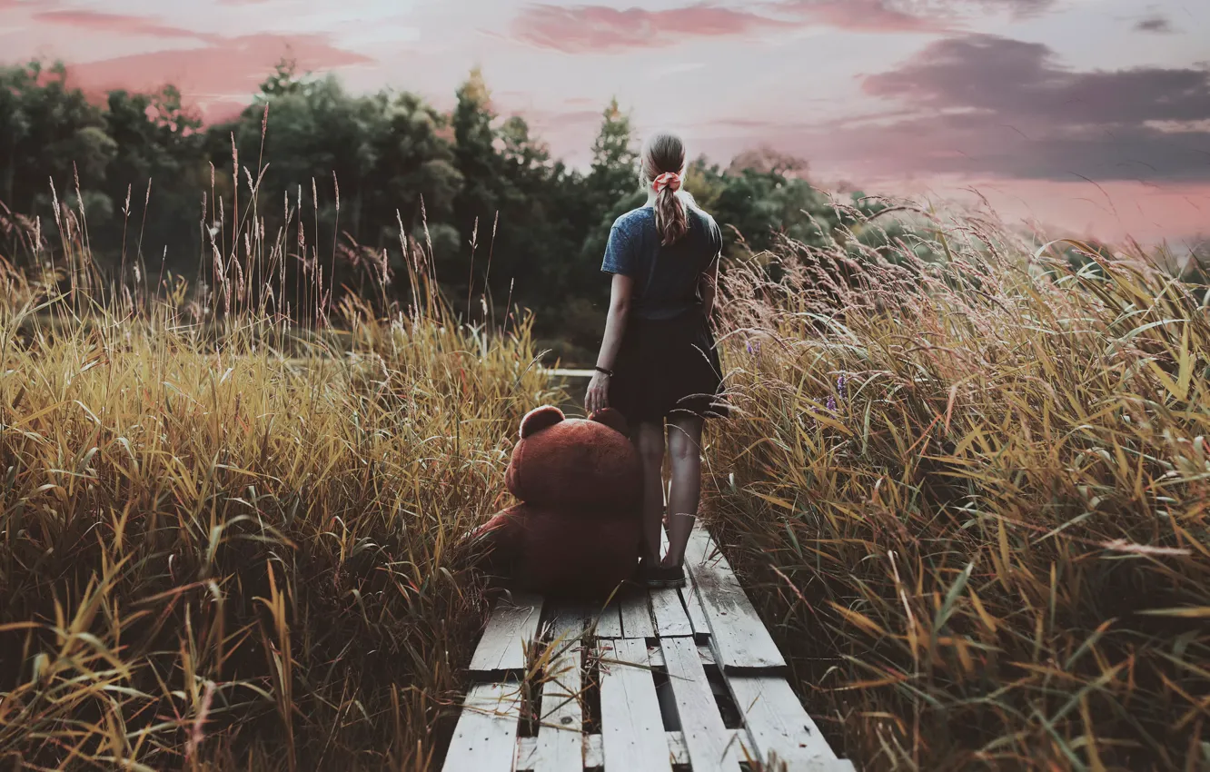 Photo wallpaper girl, nature, river, bear