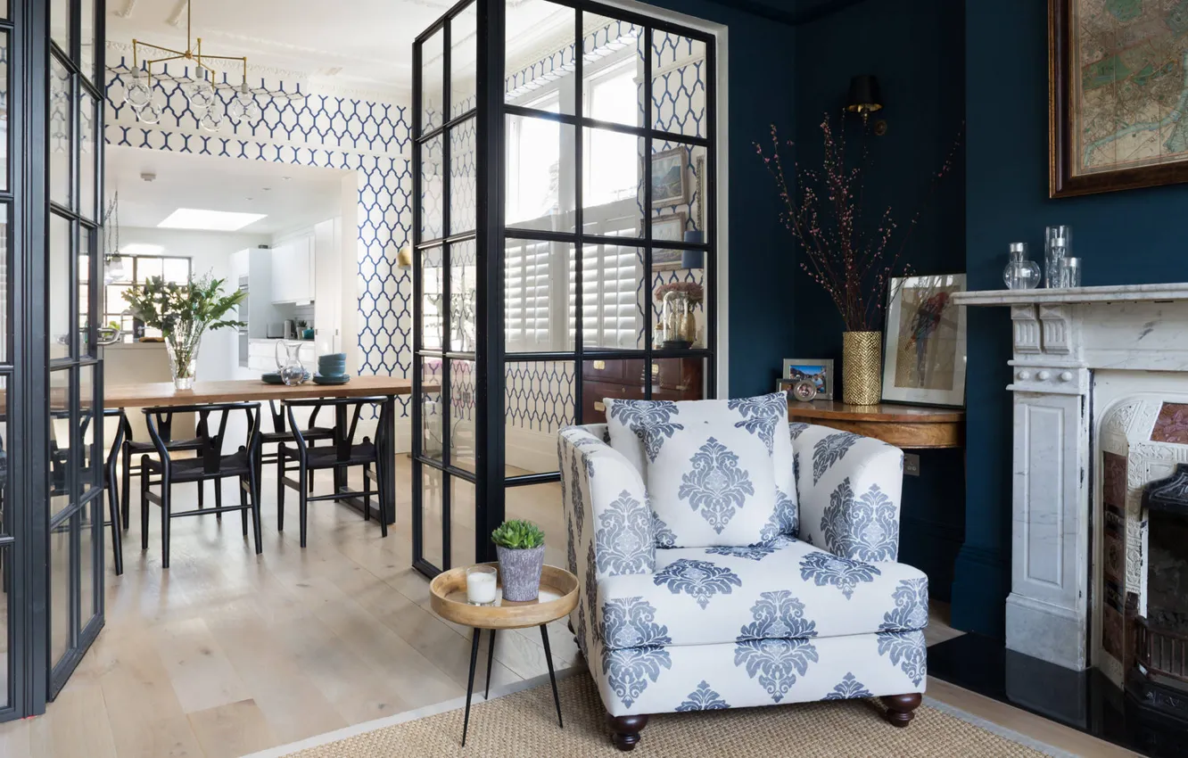 Photo wallpaper design, style, interior, chair, fireplace, living room, dining room, separation of space