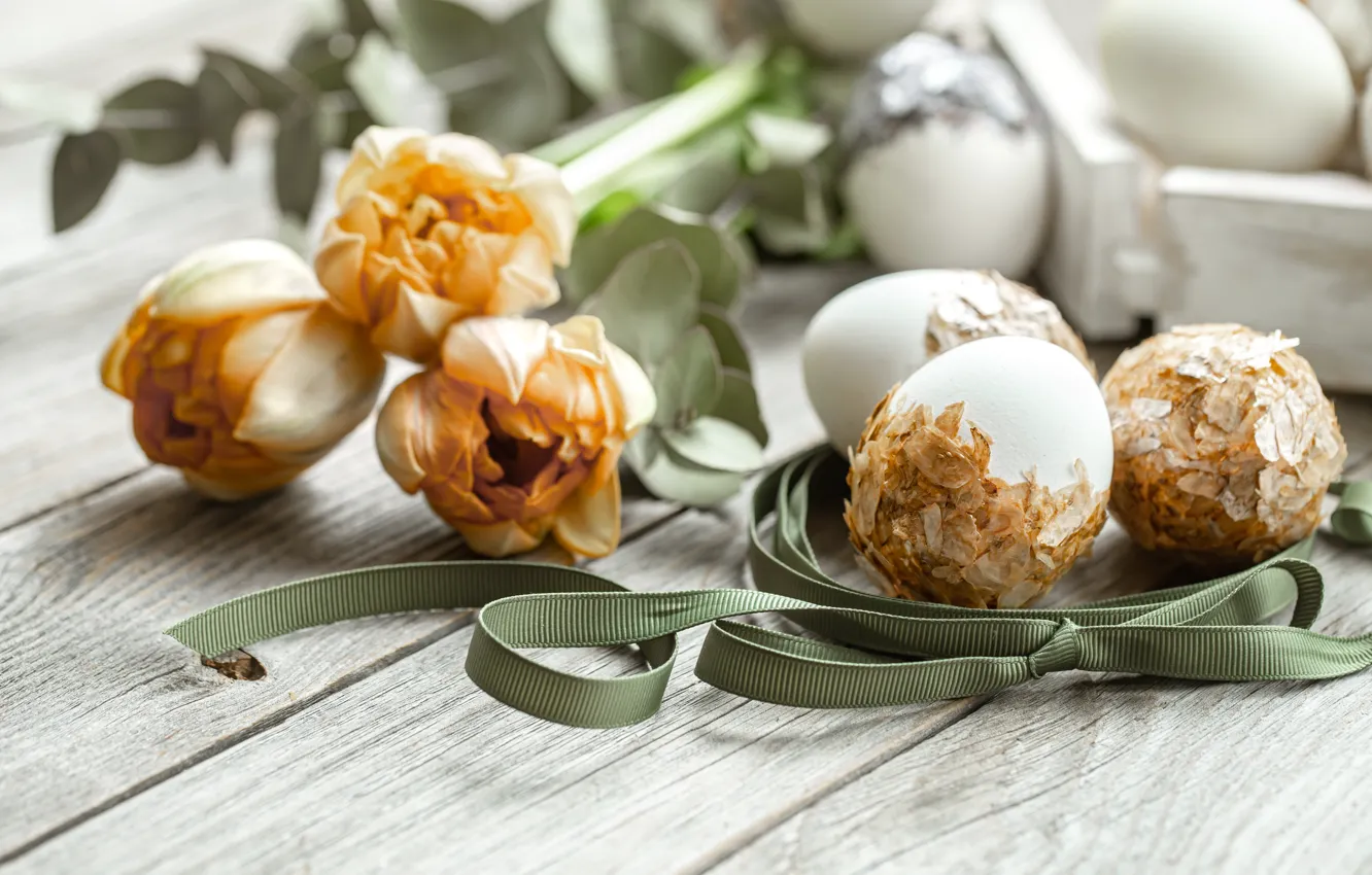 Photo wallpaper flowers, yellow, holiday, Board, eggs, bouquet, spring, Easter
