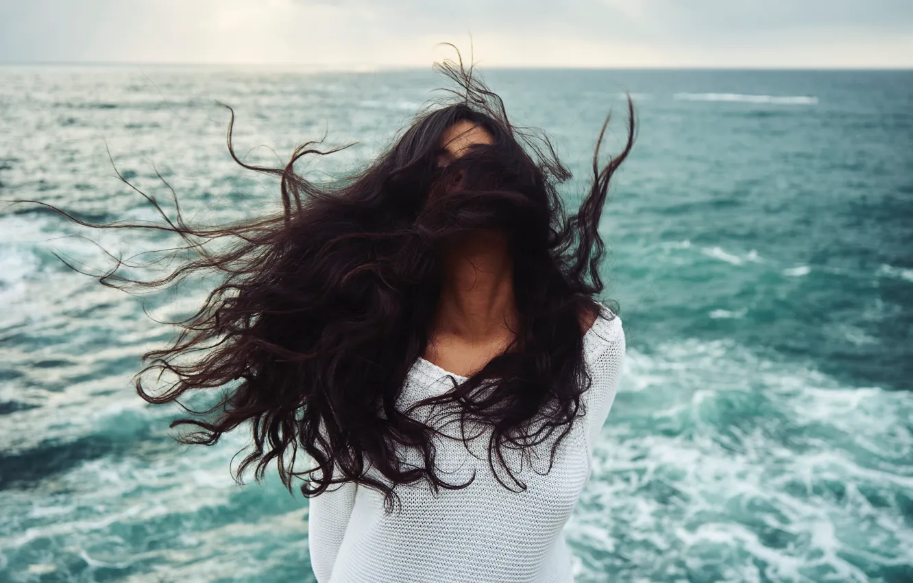 Photo wallpaper sea, girl, the wind, hair