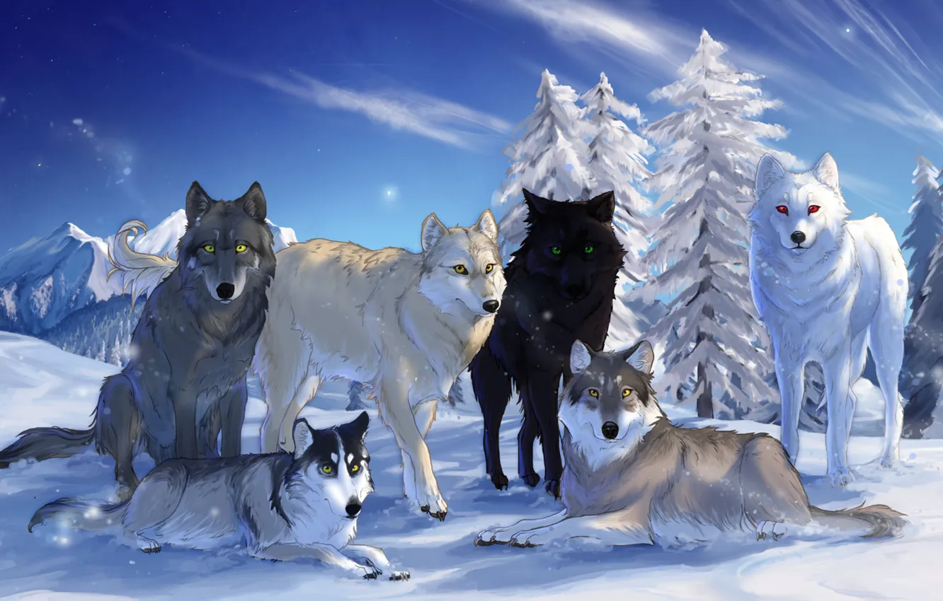 Photo wallpaper winter, the sky, snow, trees, mountains, nature, drawings, wolves