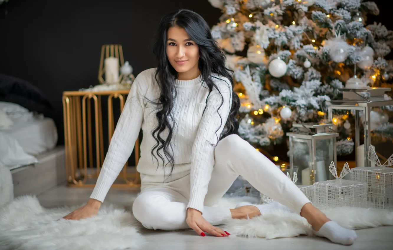 Photo wallpaper look, girl, pose, smile, New year, tree, long hair, sweater