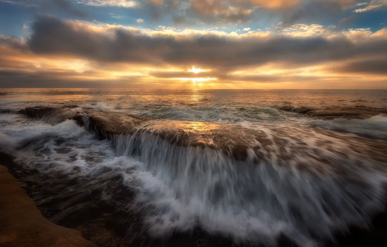Photo wallpaper sea, sunset, wave