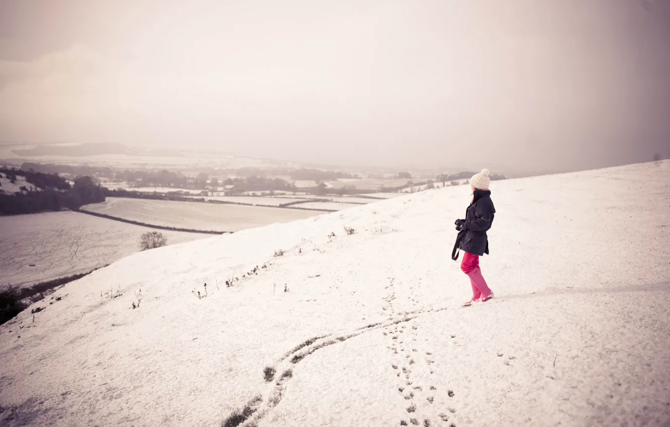 Photo wallpaper winter, girl, snow, photo, girls, mood, hills, mood