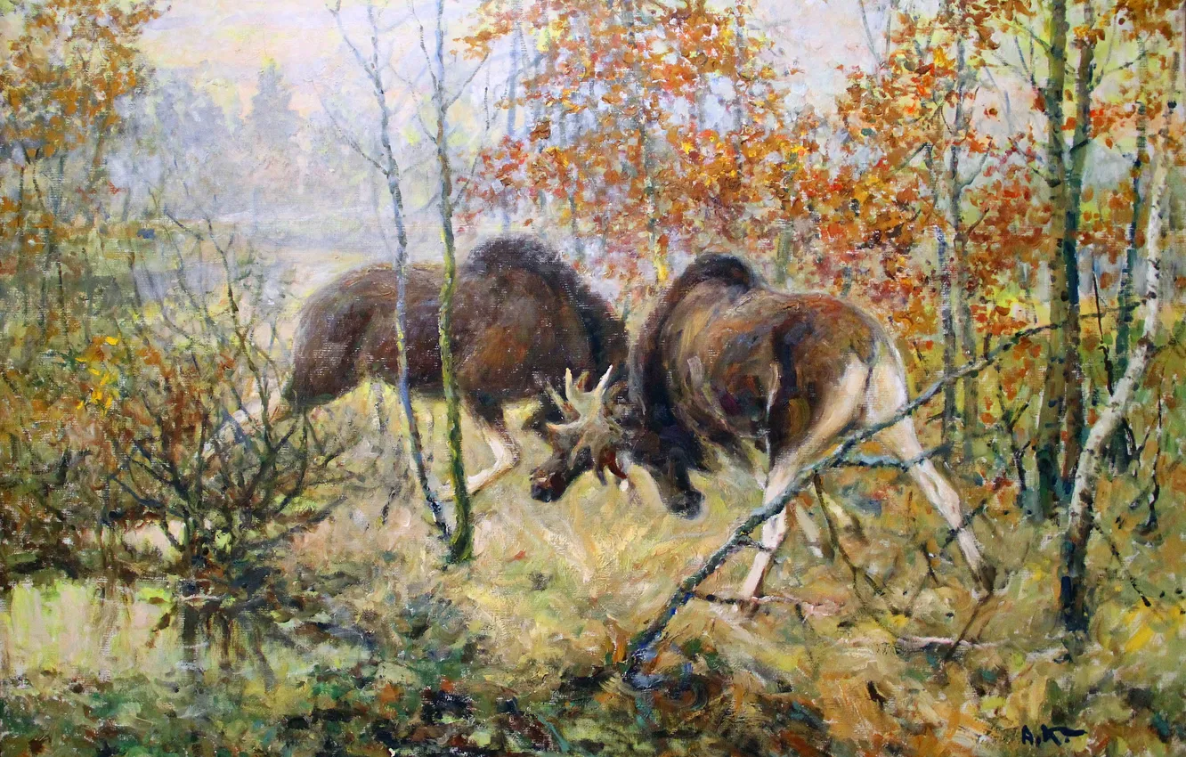 Photo wallpaper trees, picture, two, moose, Alexey Komarov, Alexey Komarov, Russian and Soviet painter, The moose chase