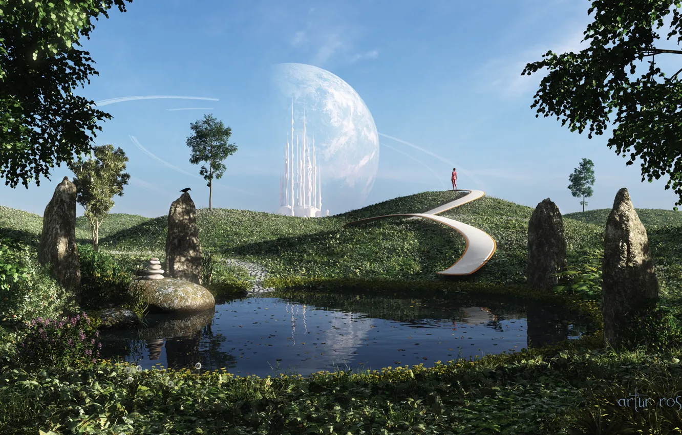 Photo wallpaper greens, grass, girl, trees, landscape, the city, lake, hills