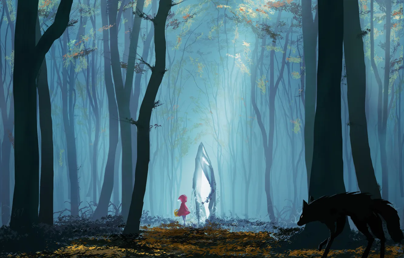 Photo wallpaper forest, trees, nature, little red riding hood, anime, art, hood, girl