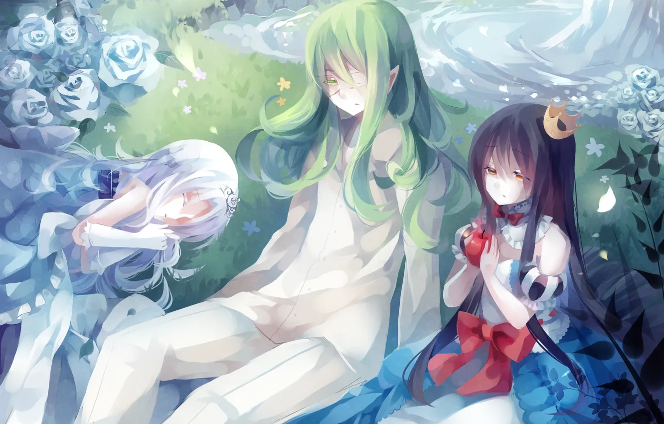 Photo wallpaper water, girl, flowers, apples, elf, roses, anime, crown