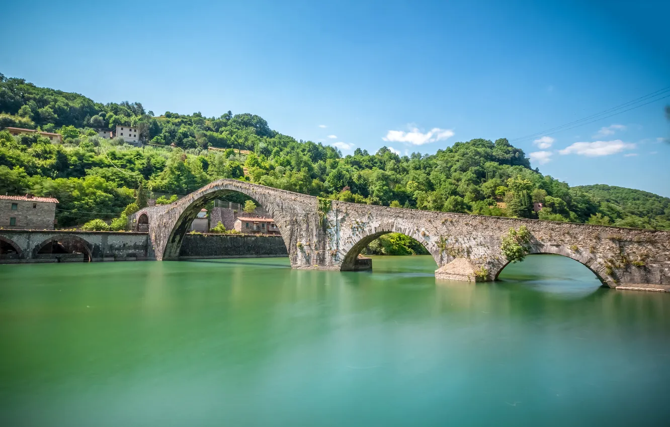 Photo wallpaper trees, home, slope, Italy, Tuscany, Borgo a mozzano, the bridge of Mary Magdalene, the river …
