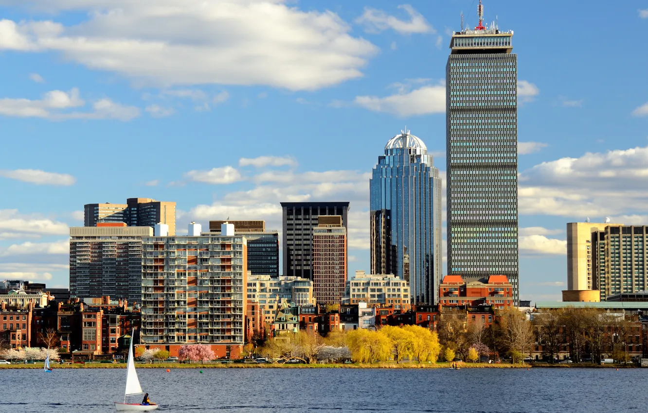 Photo wallpaper autumn, the sky, clouds, river, home, skyscrapers, yacht, USA