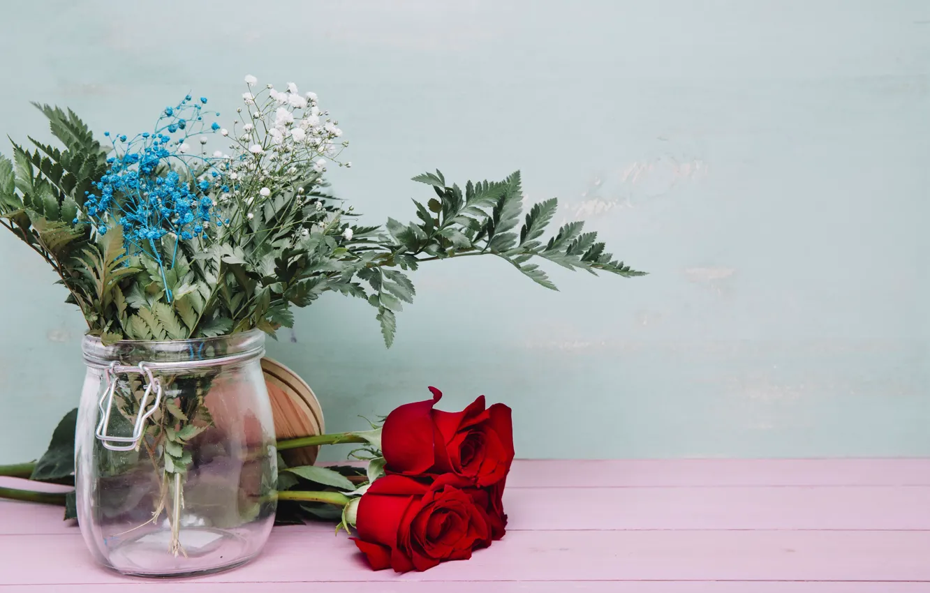 Photo wallpaper greens, flowers, roses, bouquet, vase