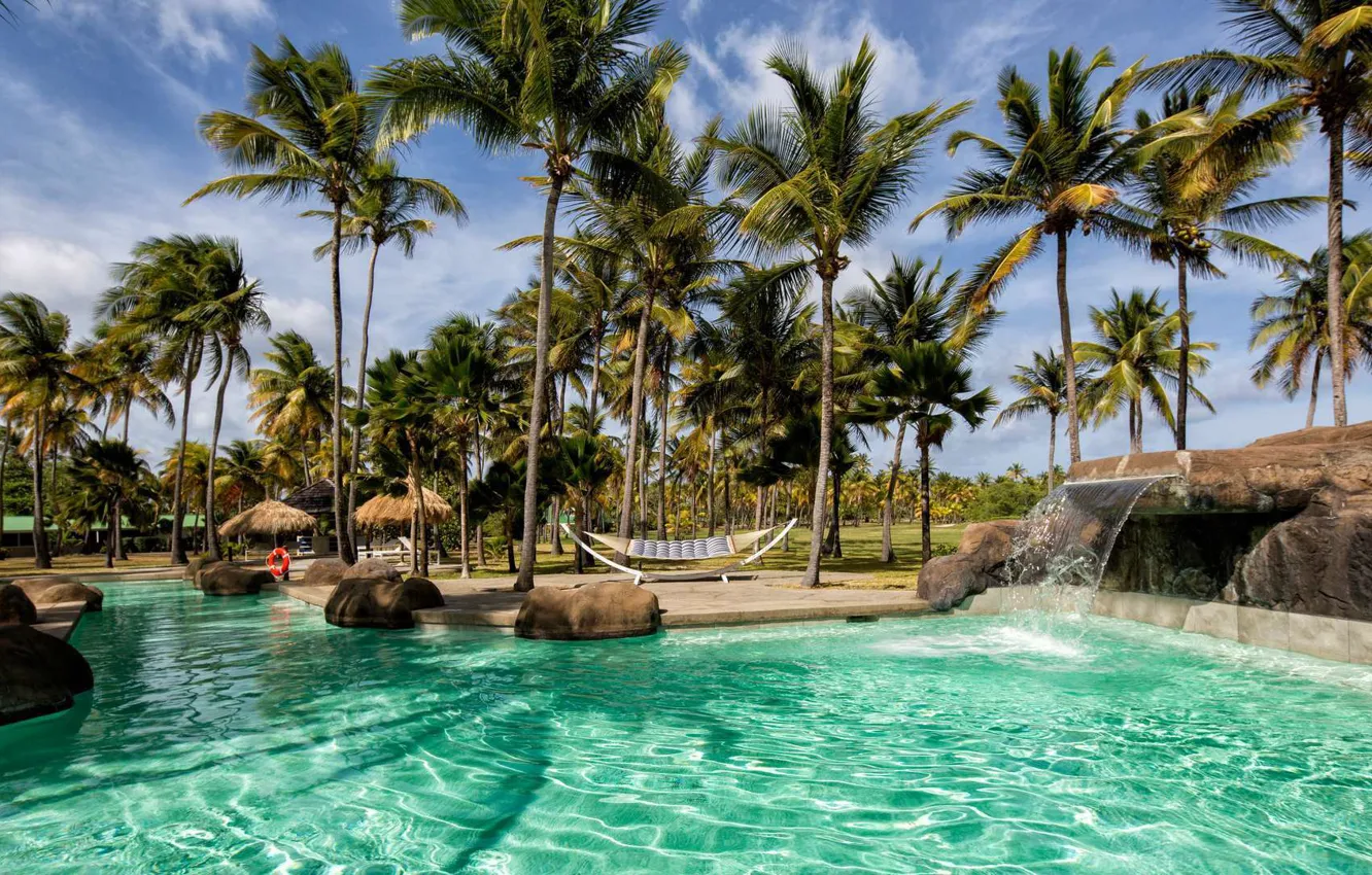 Photo wallpaper palm trees, pool, resort, Caribbean, Saint Vincent & Grenadines, Palm Island Resort & Spa, Grenadines
