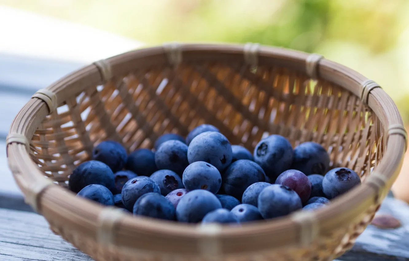 Photo wallpaper berries, table, basket, blueberries, blueberries, Blueberries